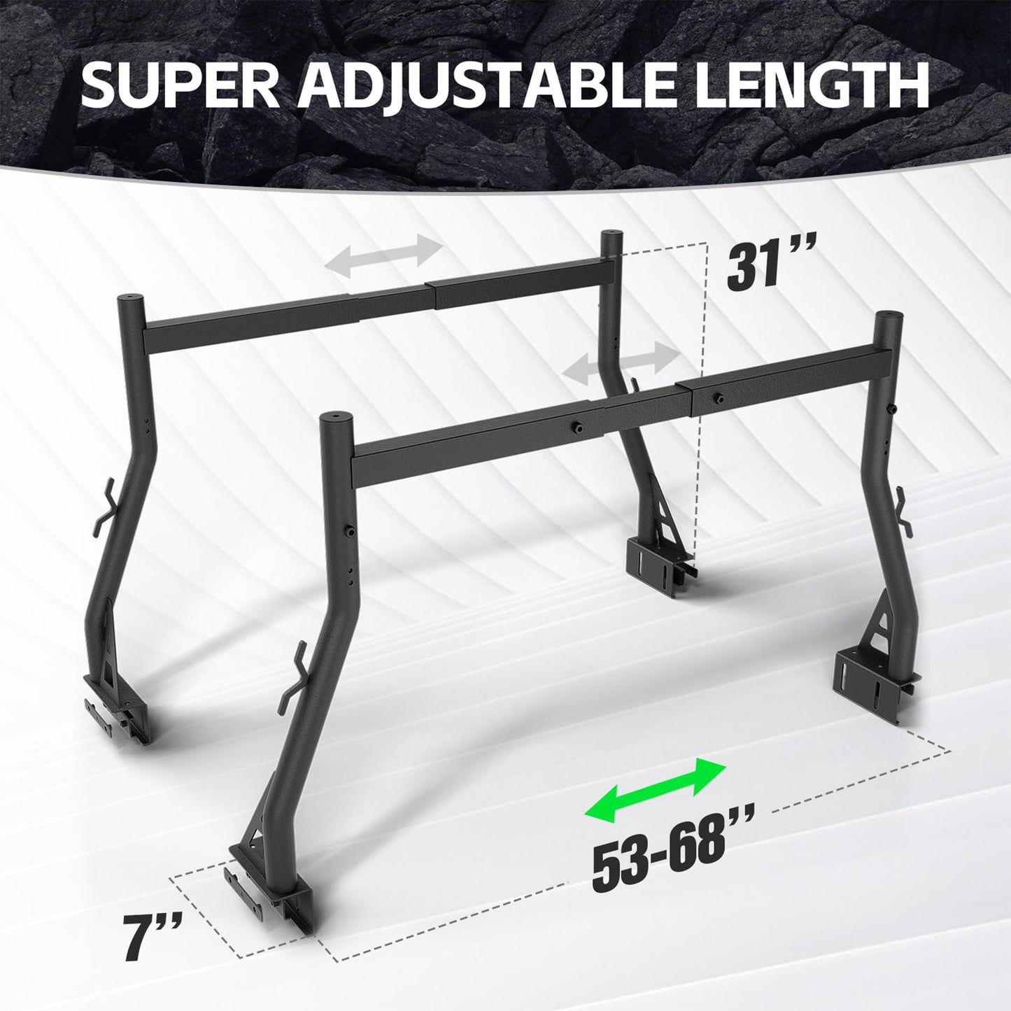 OBNAUX Universal Truck Ladder Racks, Extendable 46"-71" Overland Rear Bed Racks, 900 LBS Non-Drilling, Truck Cargo Carrier Fits Most Pickup Trucks, Back Cross Bars for Kayak, Surfboard, Lumber, Ladder