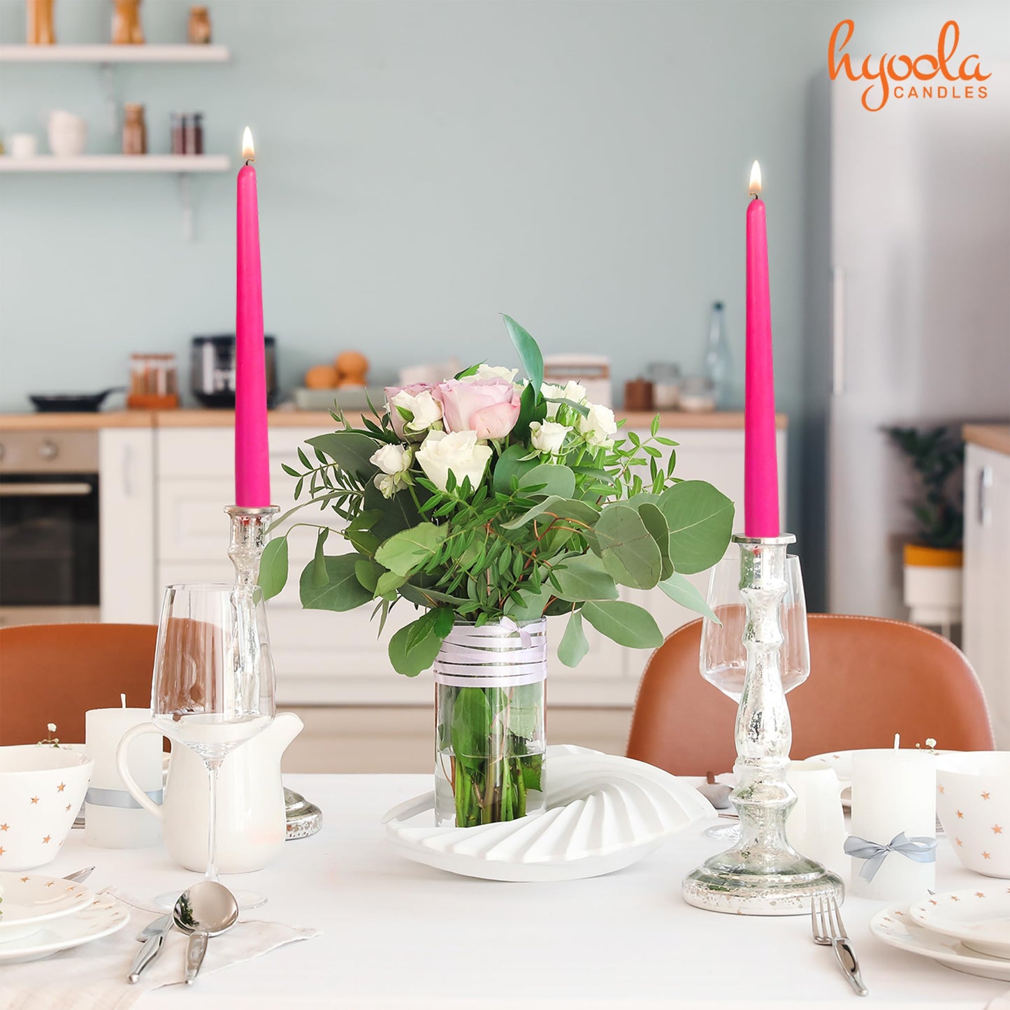 Hyoola 12 Pack Tall Taper Candles - 14 Inch Hot Pink - Fuchsia Dripless, Unscented Dinner Candle - Paraffin Wax with Cotton Wicks - 12 Hour Burn Time