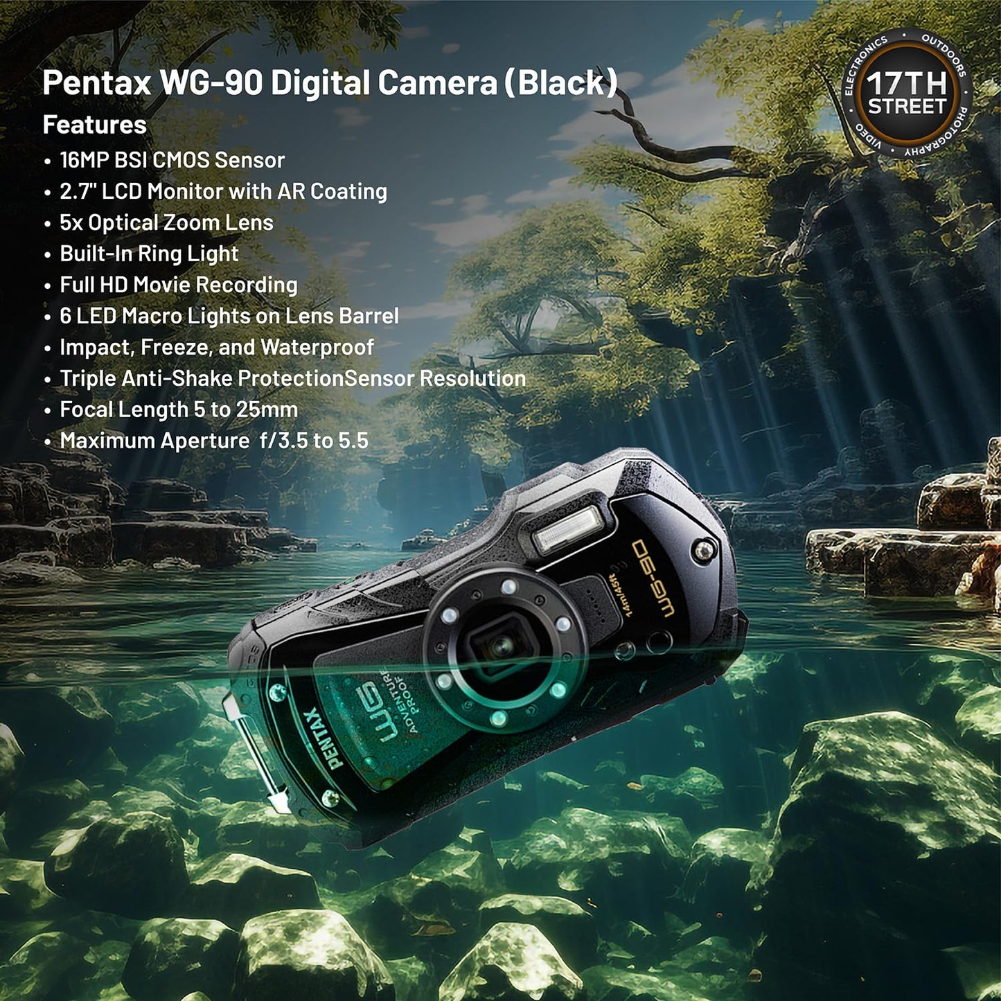 Pentax WG-90 Waterproof Digital Camera (Black) | 2.7" LCD Monitor Display Camera with 32GB Ultra UHS-I SDHC Memory Card and Waith Quick Release Camera Floating Strap (Yellow) - Essential Bundle Kit