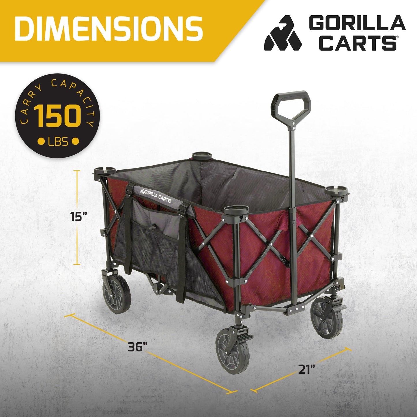 Gorilla Carts Collapsible Folding Outdoor Utility Wagon, 7 Cu Ft Oversized Bed, 150 lb Load Rating, Red – Foldable Rolling Cart w/ Pockets & Cup Holders for Beach, Camping, Sports or Picnic