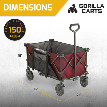 Gorilla Carts Collapsible Folding Outdoor Utility Wagon, 7 Cu Ft Oversized Bed, 150 lb Load Rating, Red – Foldable Rolling Cart w/ Pockets & Cup Holders for Beach, Camping, Sports or Picnic