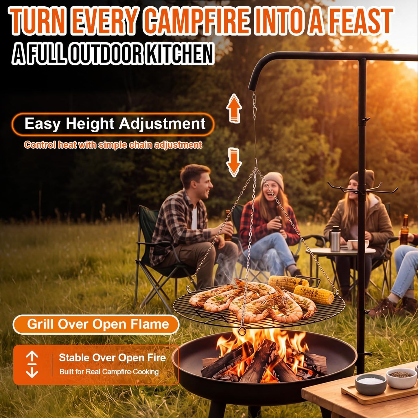 Ferrochef 22" Fire Pit Campfire Grill Grate, 22" Hanging Open Fire Cooking Grill Grate Portable Round Camping Cooking Barbecue Rack Heavy-Duty, Easy Setup & Adjustable Height for Outdoor Camping BBQ