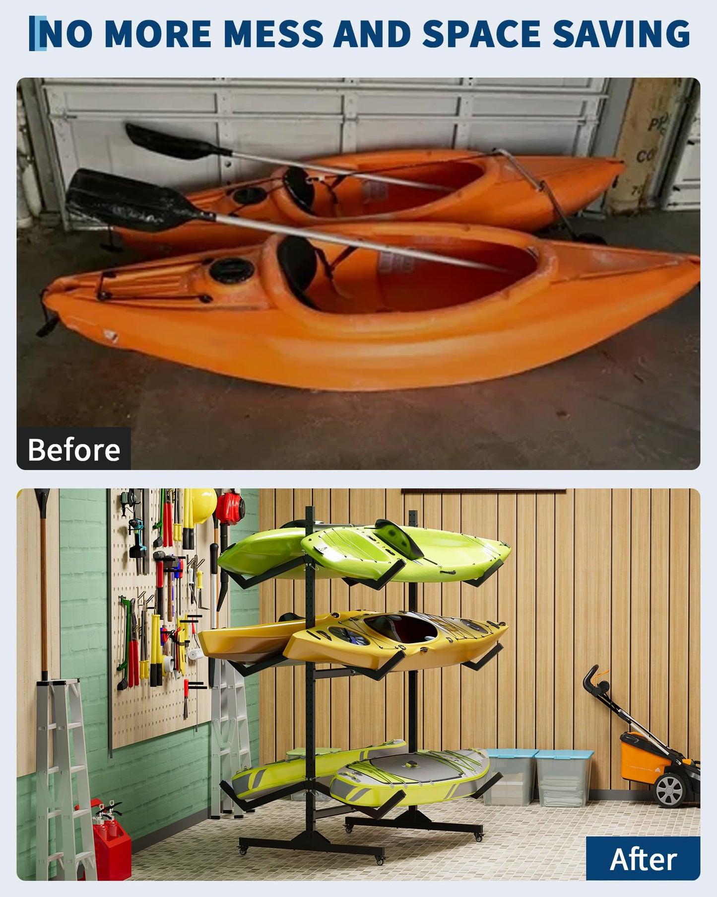 ActiveTrail Freestanding Kayak Storage Rack for 6 Kayaks with Wheels, Heavy-Duty Steel Outdoor Kayak, Canoe & SUP Rack with Hanging Straps for Garage, Dock & Backyard