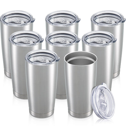 Orebigo 20 oz Tumbler with Lid Stainless Steel Insulated Tumblers Bulk Double Wall Vacuum Cups Powder Coated Travel Mug Keep Drink Cold and Hot, Stainless Steel, 8 Pack