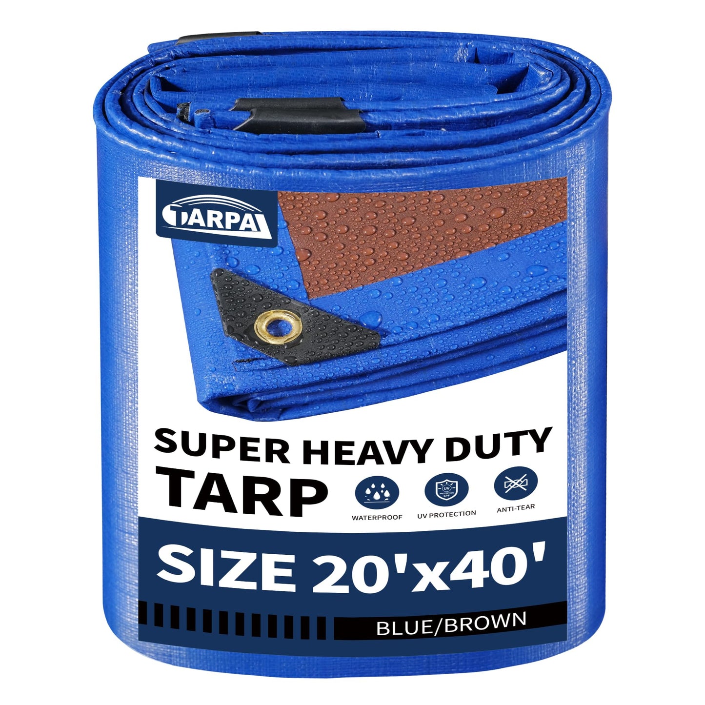 TARPAL 20x40ft Waterproof Heavy Duty Tarp 16Mil Thick with Metal Grommets Every 17.7" Large Multipurpose Tarp Tear-Resistant UV Protection Covers Roof, Pool,Car,Firewood&Outdoor Furniture(Blue/Brown)