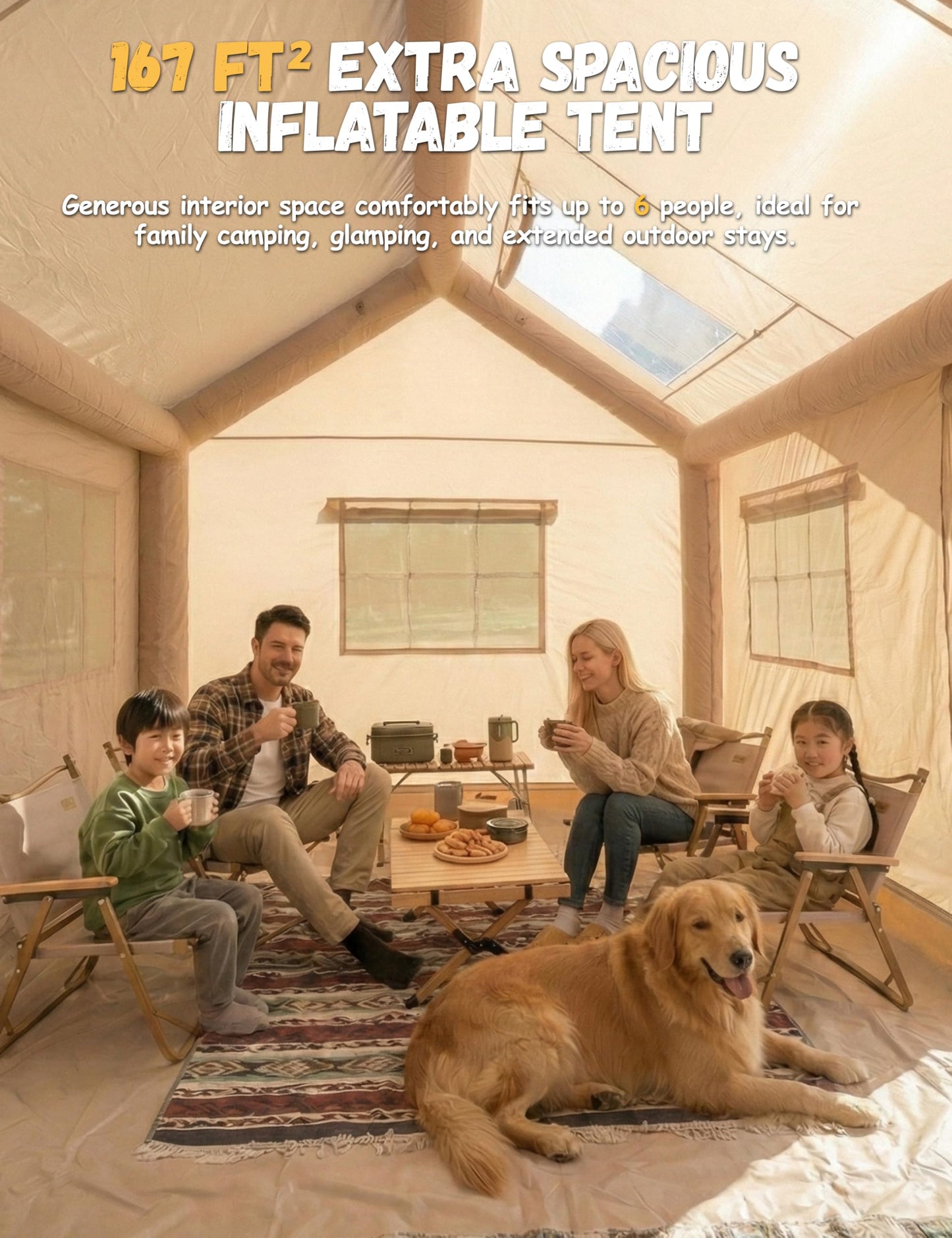 Luxury Inflatable Camping Tent House for 6-8 Person, 118"x158" XL Awning, 6.3" Extra Thick Air Beams (Stronger Than 5"), Heavy Duty Waterproof Oxford, Fast Setup Camping House with Pump & Bag