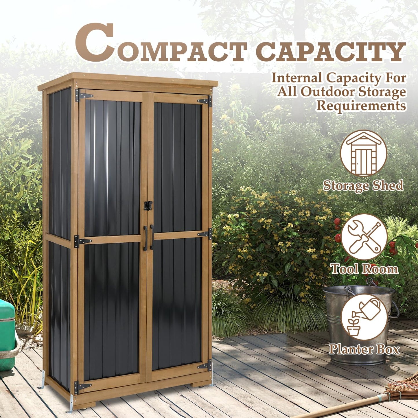 Outdoor Storage Cabinet Waterproof with Shelves, Small Storage Shed, Vertical Tall Patio Backyard Garden Storage Cabinet Tool Organizer for Outside