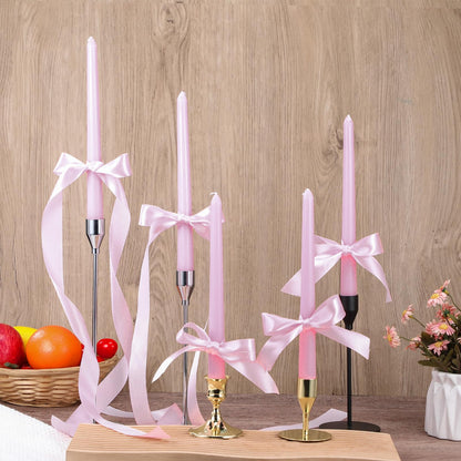MTLEE 24 Pcs Taper Candles Bow Candle with 72 Ft Ribbons Bows Unscented and Smokeless 0.87 x 10 Inch Tall Candlesticks with Cotton Wick Long Burning for Wedding Dinner Coquette Holiday Party(Pink)