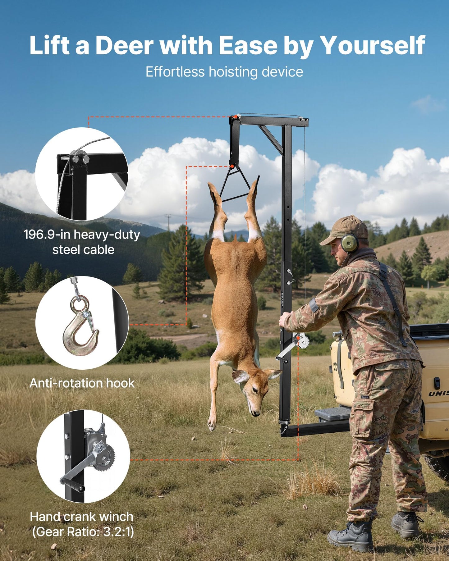 VEVOR Truck Hitch Game Hoist, 300 lbs Load Capacity, Hunting Deer Hoist with 2-inch Receiver, 360-Degree Swivel Shaft & Adjustable Height, Includes Gambrel Winch for Skinning & Cleaning Game