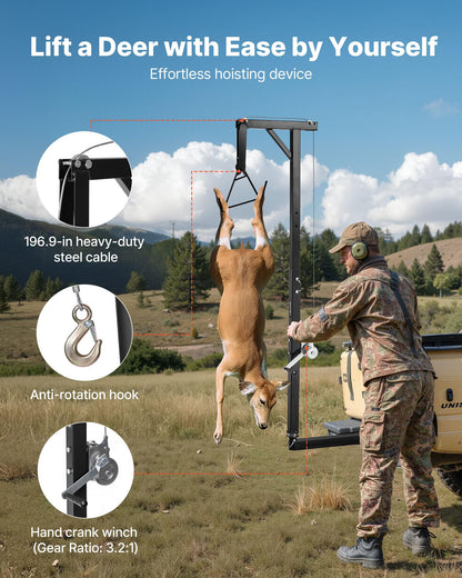 VEVOR Truck Hitch Game Hoist, 300 lbs Load Capacity, Hunting Deer Hoist with 2-inch Receiver, 360-Degree Swivel Shaft & Adjustable Height, Includes Gambrel Winch for Skinning & Cleaning Game
