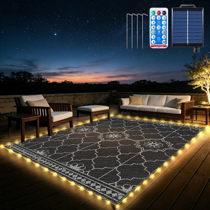 9x12Ft Outdoor Rug, Solar Powered Outdoor Rug with 131LEDs Strip Lights for House Deck, Waterproof Plastic Reversible Outdoor Straw Rugs, Rugs Mat RV Camping Patio Beach Balcony Picnic (Black Gray)