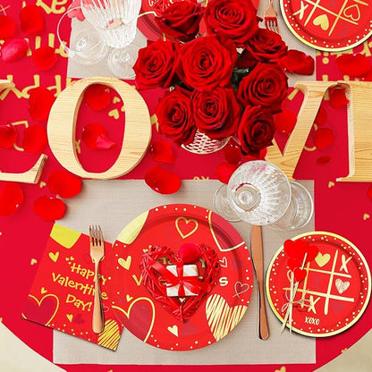 Valentine's Day Party Supplies Red Heart Love Disposable Paper Plates Napkins Cups plastic Tablecloth for Valentine's Day Engagements Anniversary Birthday Party Serve 25
