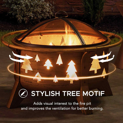 Sunjoy Fire Pit 30 in. Outdoor Wood-Burning Fire Pit, Patio Tree Motif Round Steel Firepit Large Fire Pits for Outside with Spark Screen and Poker