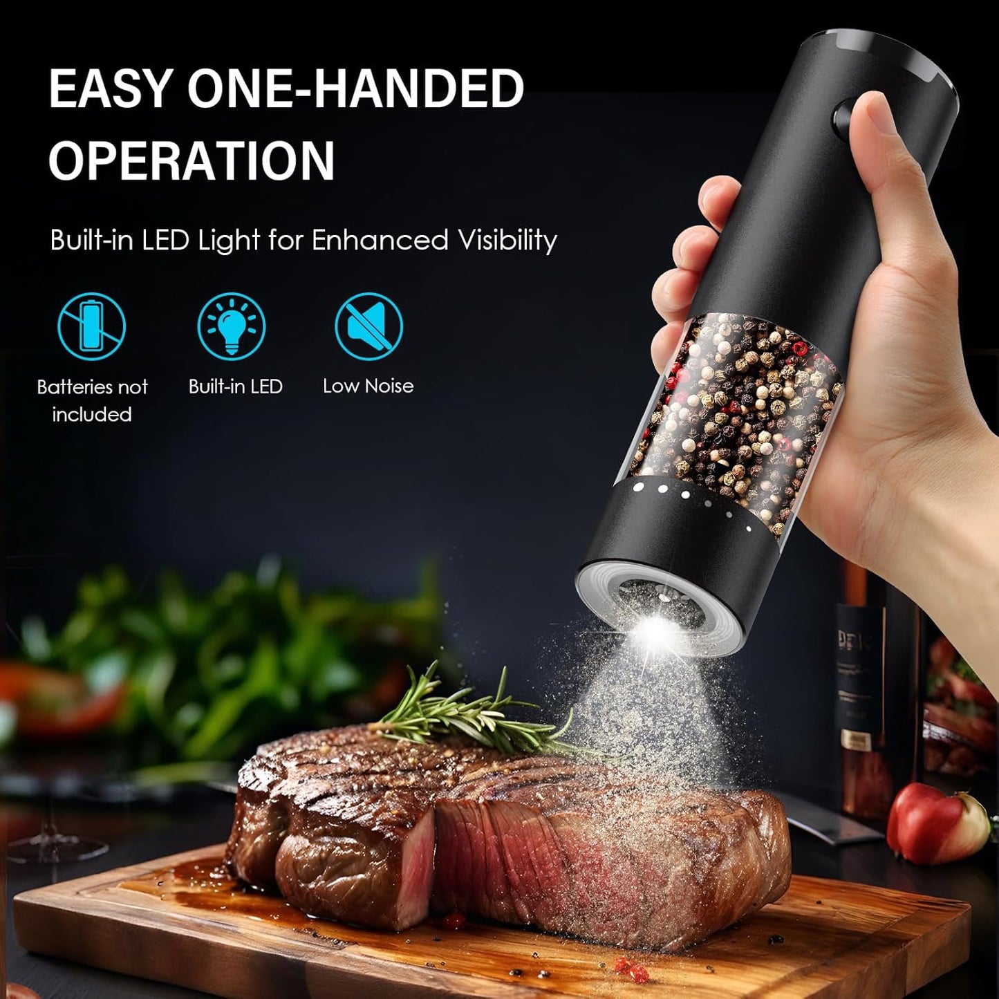 Skiennix Electric Salt and Pepper Grinder Set - Automatic Shakers with 6-Level Coarseness | Black