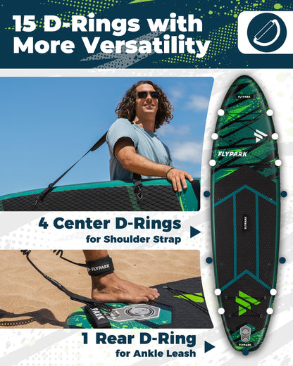 Flypark 11'x34 Inflatable Paddle Boards, Extra Wide SUP for 420lbs/3Adults, Yoga Stand Up Paddle Board, 110L Backpack, 15 D-Rings, Shoulder Strap, US-Fin, 2-Action Pump, Thrive-Green