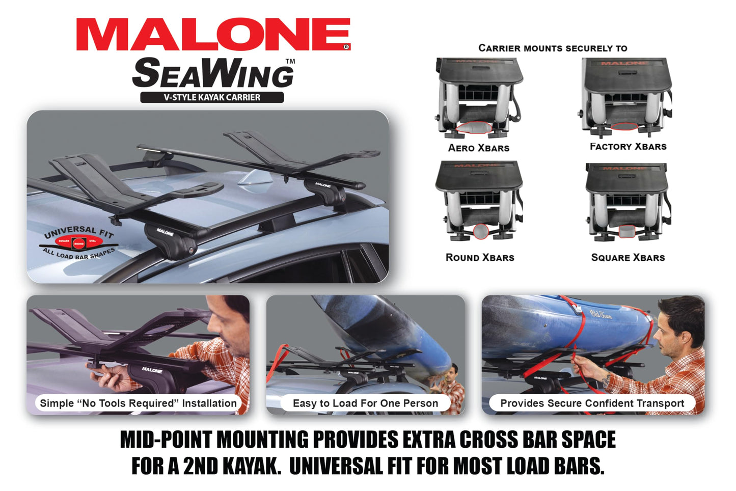 Malone SeaWing Saddle Style Universal Car Roof Rack Kayak Carrier with Bow & Stern Tie-Downs – 70 lb Capacity, V-Style Cradles, No-Tool Install, Jawz Mount, Corrosion-Resistant Nylon