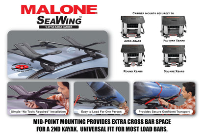 Malone SeaWing Saddle Style Universal Car Roof Rack Kayak Carrier with Bow & Stern Tie-Downs – 70 lb Capacity, V-Style Cradles, No-Tool Install, Jawz Mount, Corrosion-Resistant Nylon