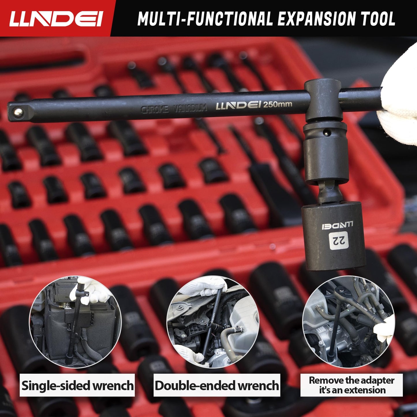 LLNDEI 1/4 & 3/8 Inch Drive Impact Socket Set, 186 Pieces Metric and Standard Full Sockets, CR-V Deep & Shallow Sockets Tool Set with Ratchet Wrench Handle, Spark Plug Socket, Bits for Mechanic