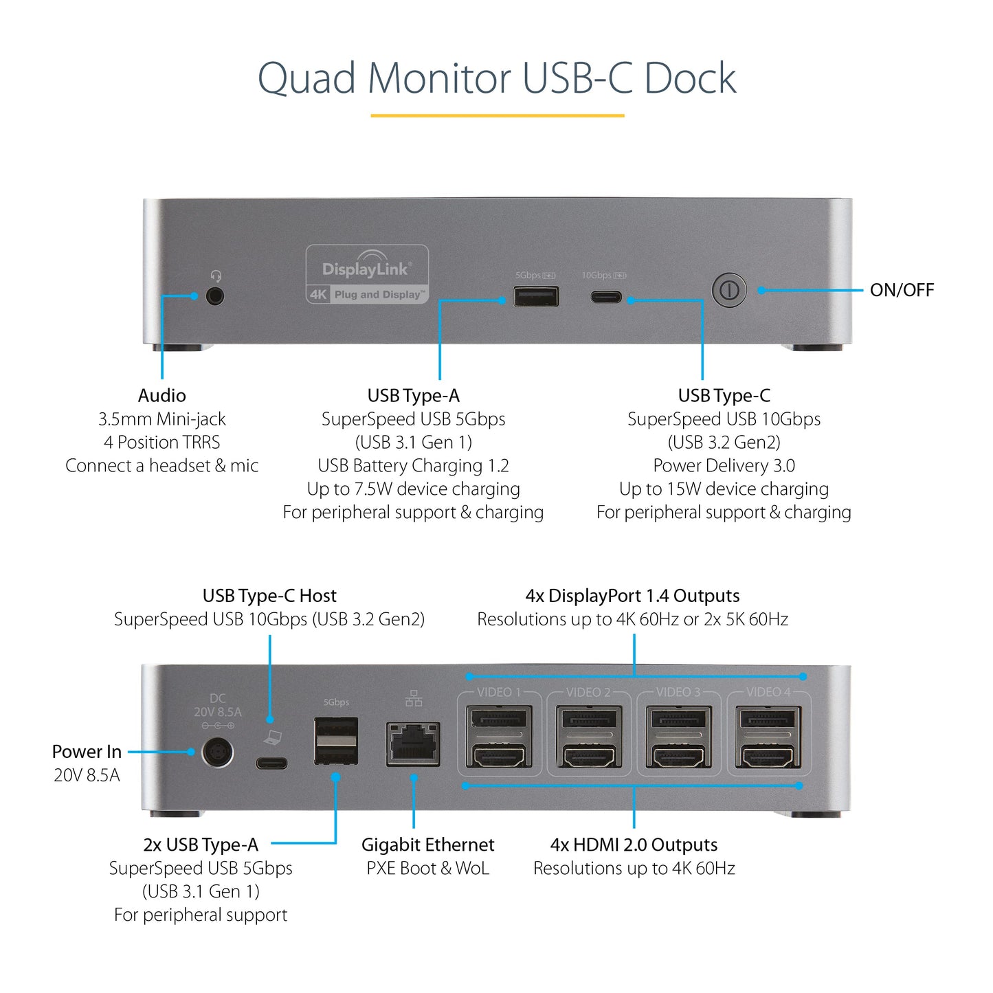 StarTech.com USB-C Quad Monitor Docking Station for MacBook Pro/Air M1 M2 M3 M4 & Windows, Universal 4K 60Hz HDMI DP Dock, Thunderbolt Compatible, 100W Laptop Charging