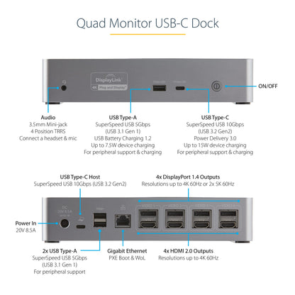 StarTech.com USB-C Quad Monitor Docking Station for MacBook Pro/Air M1 M2 M3 M4 & Windows, Universal 4K 60Hz HDMI DP Dock, Thunderbolt Compatible, 100W Laptop Charging