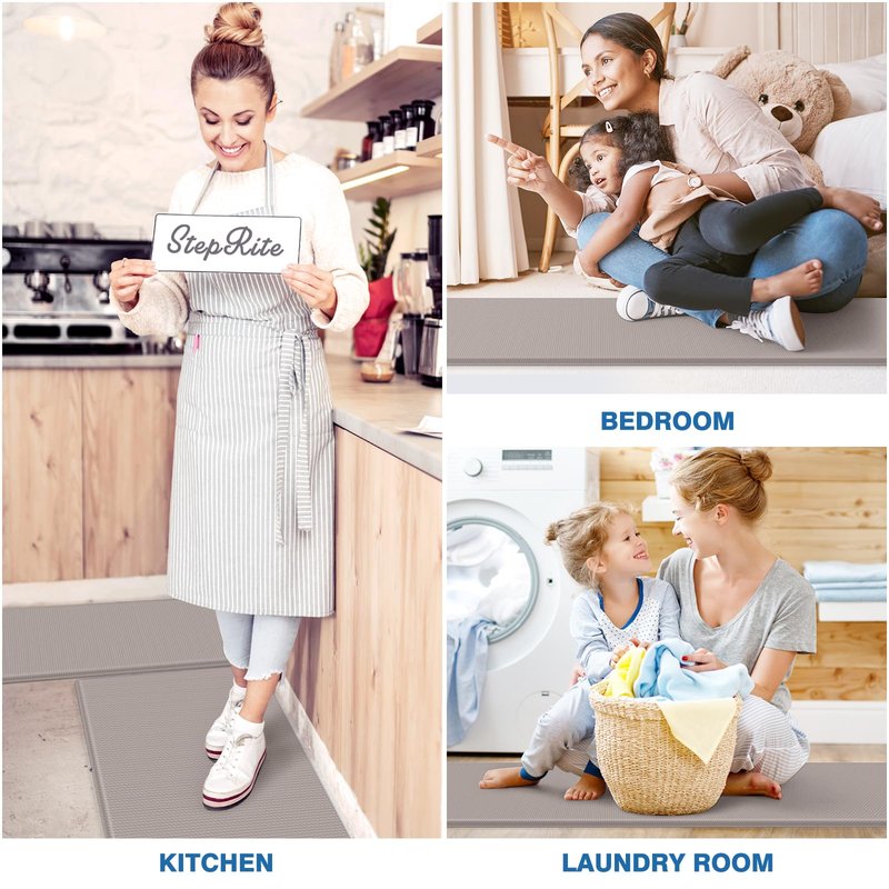 StepRite Kitchen Mats, 2PCS Kitchen Rugs, Cushioned Anti Fatigue Kitchen Mats for Floor, Non-Slip Standing Desk Mat, Waterproof Kitchen Rug Set for Kitchen, 20" x 32"+20" x 48"-0.4 inch Thick, Khaki
