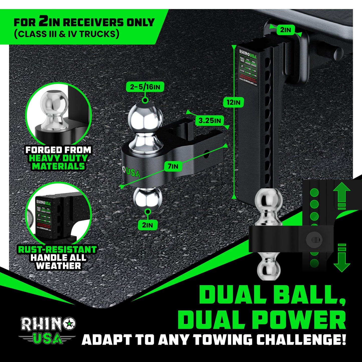 Rhino USA Adjustable Trailer Hitch (Fits 2-Inch Receiver)-Heavy Duty Aluminum Tow Hitches with 10-Inch Drop/Rise for Truck (12,500 LBS GTW) - Weatherproof Double Anti-Theft Locking Hitch Pins (Black)