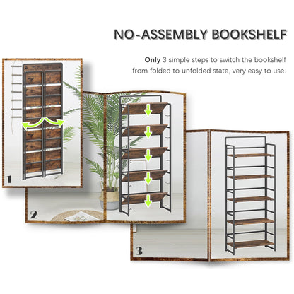 4NM No Assembly 5 Tiers Folding Bookshelf Storage Shelves Vintage Bookcase Standing Racks Study Organizer Home Office (Rustic Brown Black)
