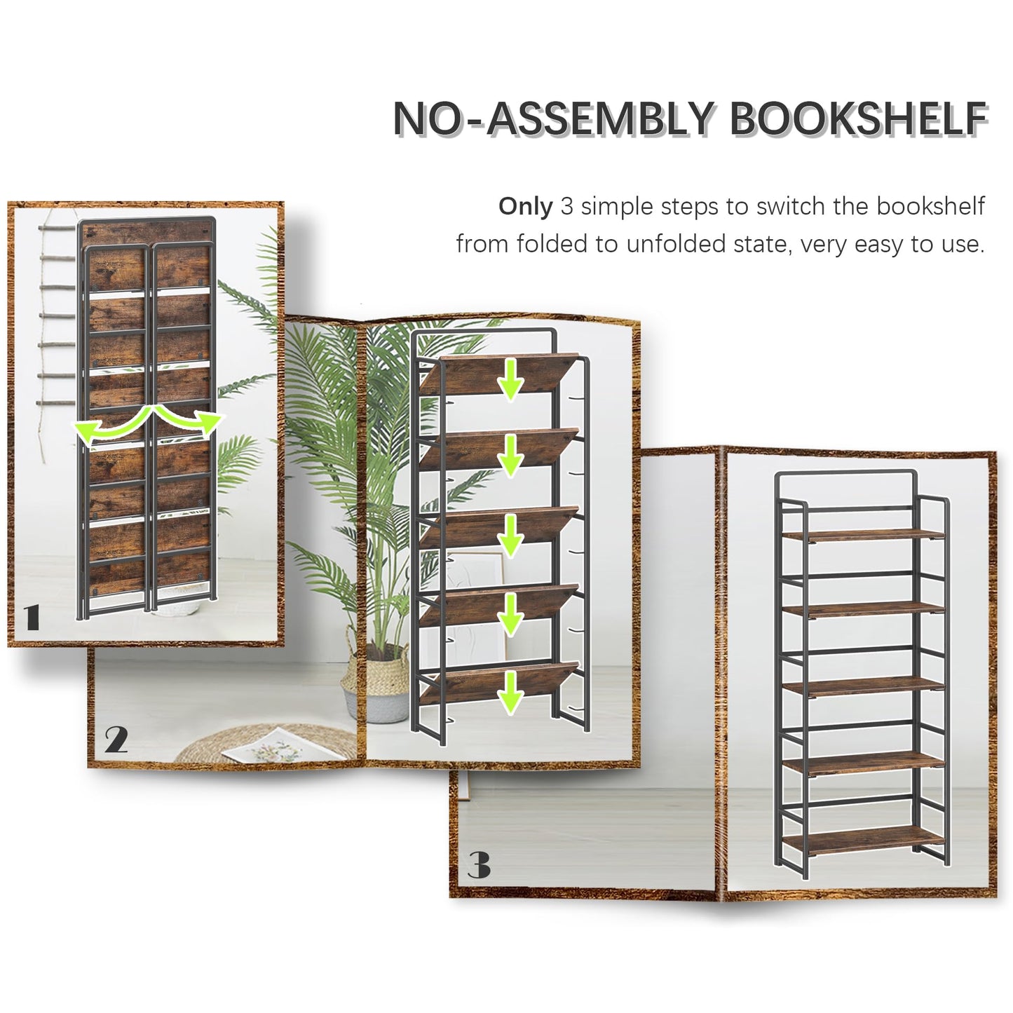 4NM No Assembly 5 Tiers Folding Bookshelf Storage Shelves Vintage Bookcase Standing Racks Study Organizer Home Office (Rustic Brown Black)