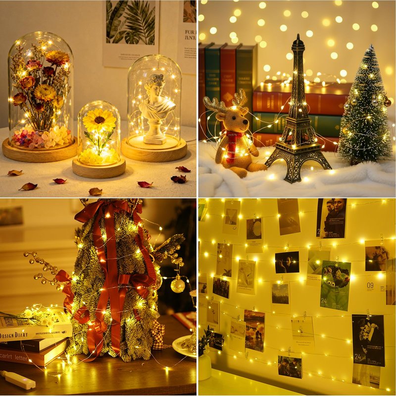 32FT(16 * 2) Fairy Lights Battery Operated, Rechargeable String Lights with Timer, Mini Waterproof LED Twinkle Lights for Bedroom, Christmas Decorations, Wedding Party Decor, Warm White