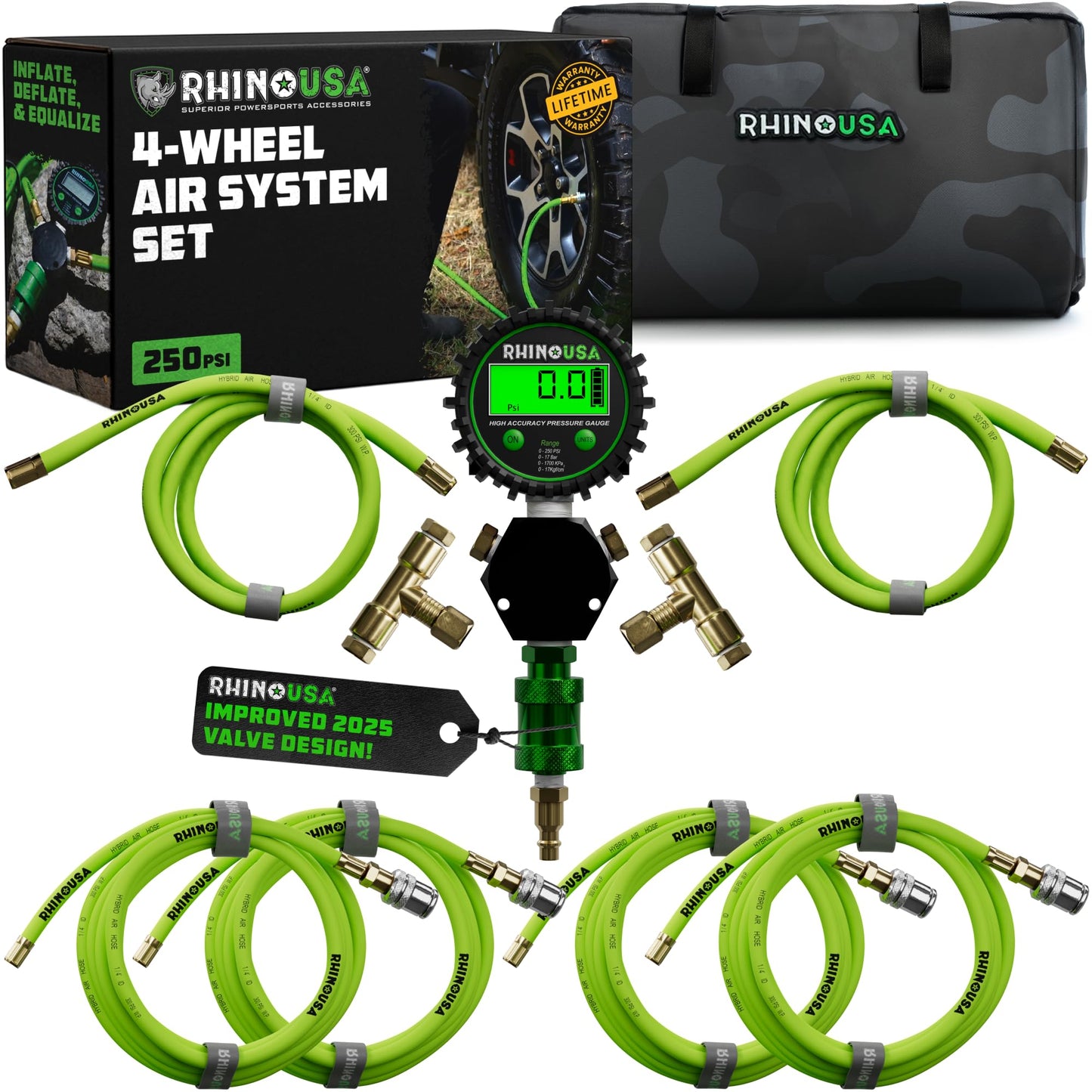 Rhino USA 4 Tire Inflation/Deflation System - Fits up to 155" Wheelbase - Ultra Fast 4 Way Tire Inflator Hose Kit for Truck, Car, Trailers & Motorcycles - Improved Design With On/Off Slide Valve