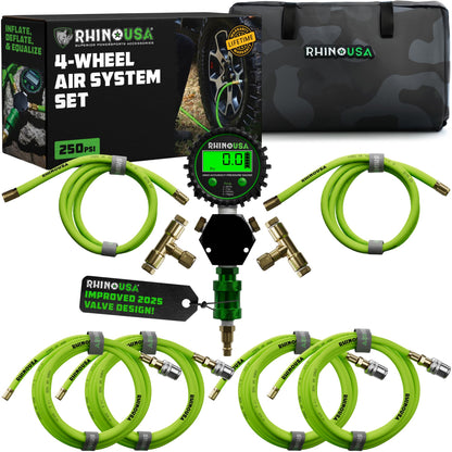 Rhino USA 4 Tire Inflation/Deflation System - Fits up to 155" Wheelbase - Ultra Fast 4 Way Tire Inflator Hose Kit for Truck, Car, Trailers & Motorcycles - Improved Design With On/Off Slide Valve