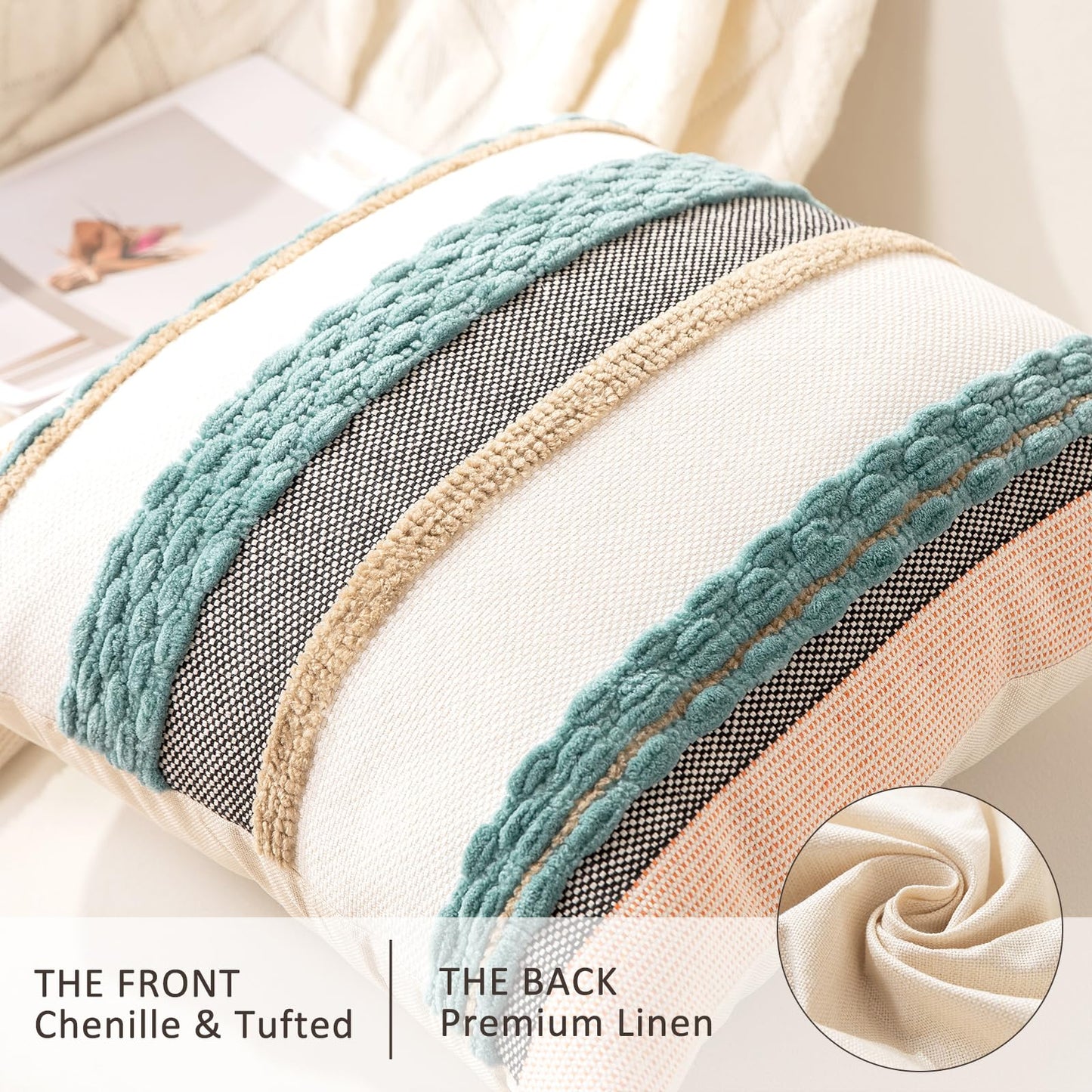 Boho Throw Pillow Covers 18x18 Set of 2 Farmhouse Decorative Cushion Case Striped Square Pillows Cover Chenille Pillow Cases Accent Neutral Pillowcase for Sofa Couch Bed,Sky Blue