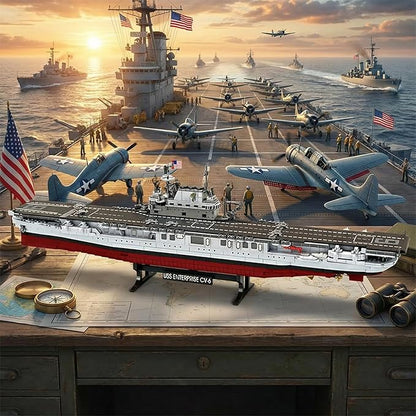 USS CV-6 Enterprise Battleship Building ToysMilitary Series Ship MOC World War II Battleship Toy Gift Ship Building Block Set for Adult Collection(1883 Pieces)