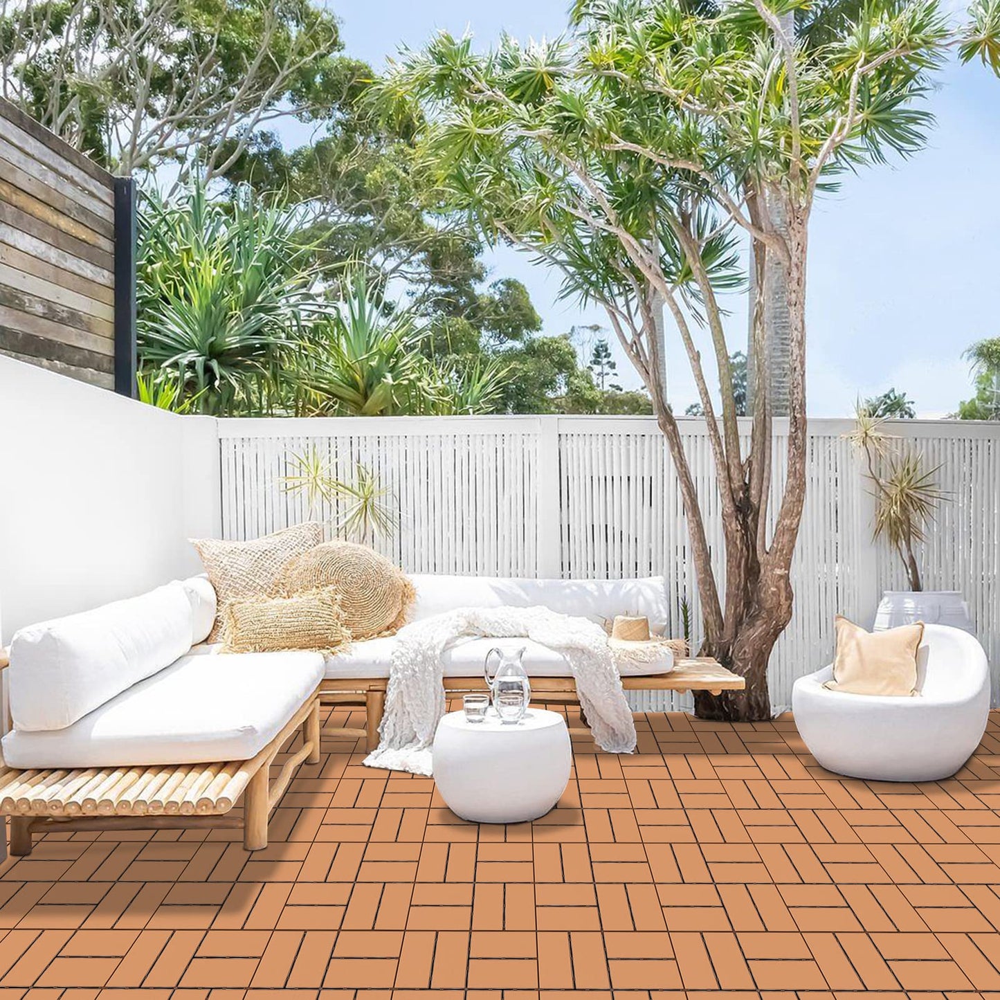 Goovilla Plastic Interlocking Deck Tiles, 36 Pack Outdoor Patio Flooring, 12"x12" Interlocking Decking Tile Outdoor All Weather Use, Waterproof Patio Pavers for Pool Balcony Backyard Porch, Khaki