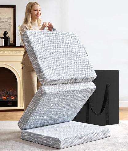BDEUS Memory Foam Folding Topper 3.95 Inch Small Queen Size with Protable Storage Bag, Trifold Topper Soft Guest Mat Floor Mat for Kids Camping Road Trip, Gray, 58 x 78 Inch