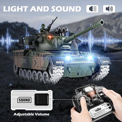RC Tank 1:18 Alloy Metal US M60 Remote Control Army Model Toys 2.4Ghz RC Vehicle with Realistic Smoke Sound and Lights Military Tank That Shoots BBS for Adults and Kids