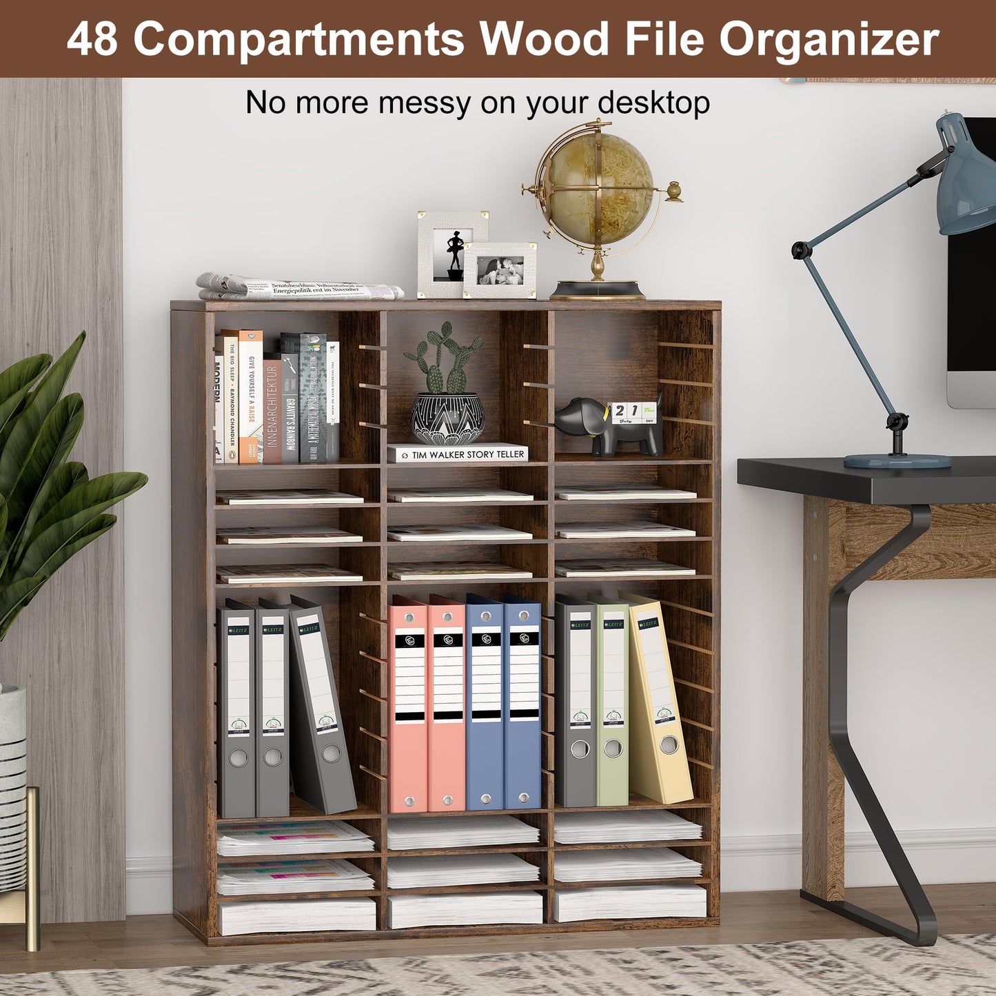 EasyPAG Wooden Literature Organizer with Adjustable Shelves, 48 Compartments Office Paper Organizer Storage 24000 Sheets Letter Size Paper, Student Mailbox for Classroom, Archaize