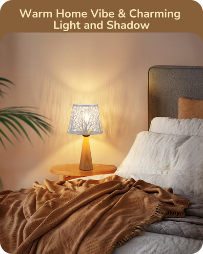 EDISHINE Small Table Lamp, Wooden Bedside Lamp with Iron Lampshade, Light Wood Color, E26 Socket, ON-Off Switch