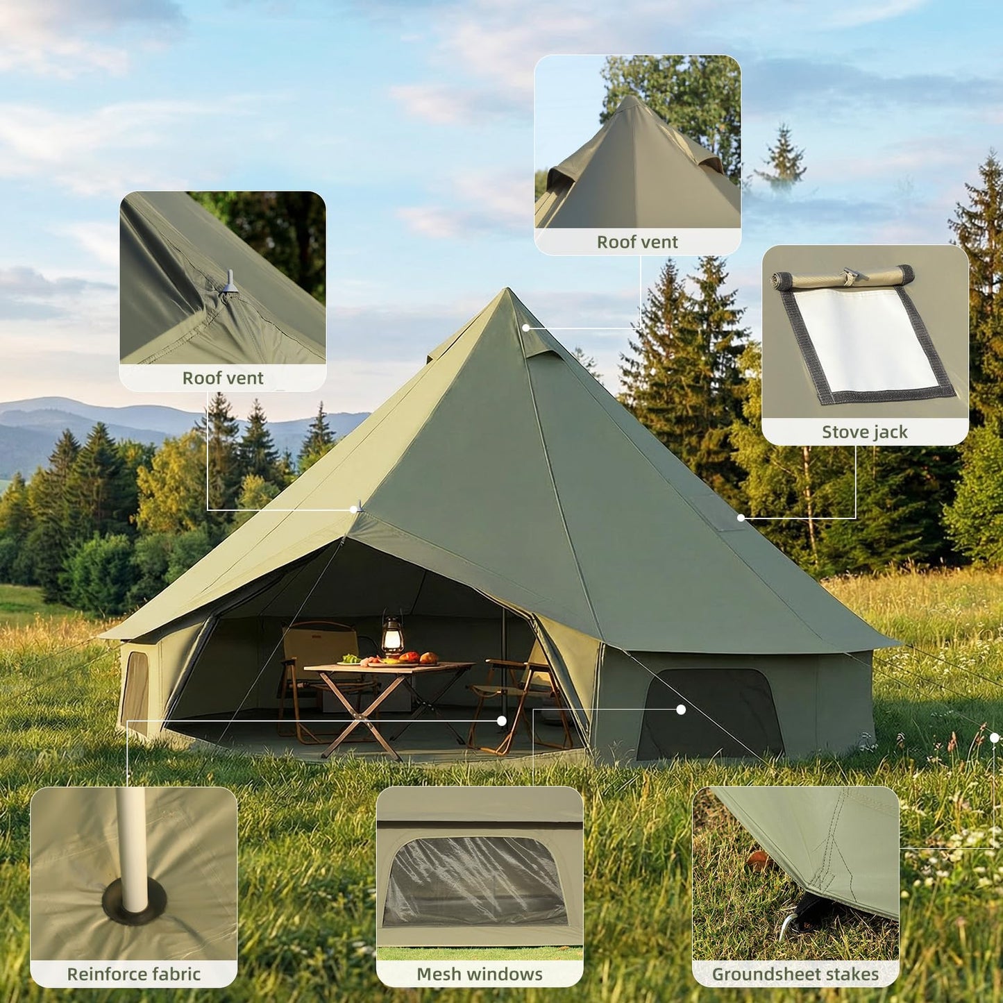 YOLENY 4 Season Bell Tent fits 3-4 People Waterproof Yurt Tent with Stove Jack Glamping Tent for Family Camping and Outdoor Parties 10FT
