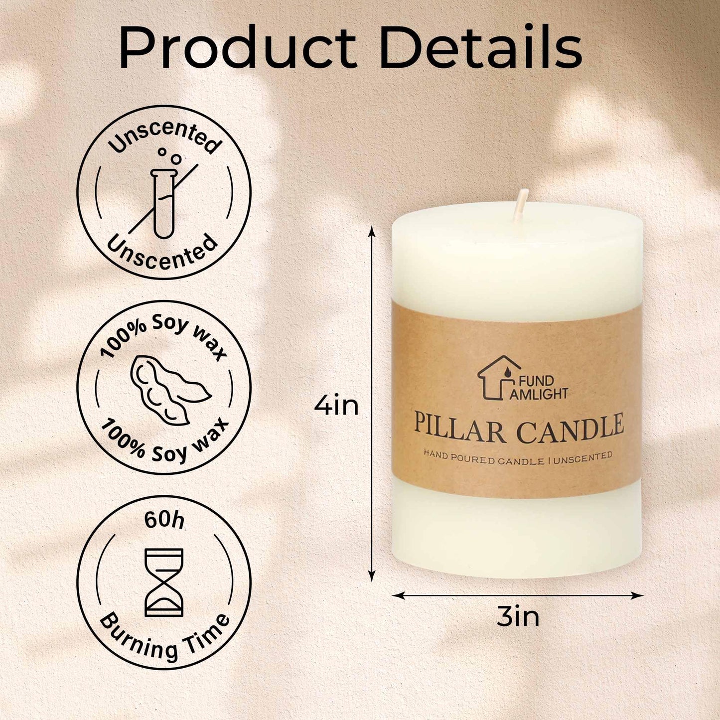 3x4 Inch White Pillar Candles Set of 3 - Decorative Unscented Pillar Candle, Long Burning Dripless Candles for Table Decor, Smokeless Large Pillar Candle for Wedding, Dinner, Rustic Home Decor