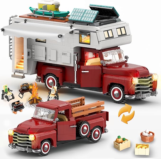 Car Building Block 2-in-1 Camper Van Building and Farm Pickup Truck Building Set Toy for Adult Retro Rvs Building Block Kit Set 2188pcs
