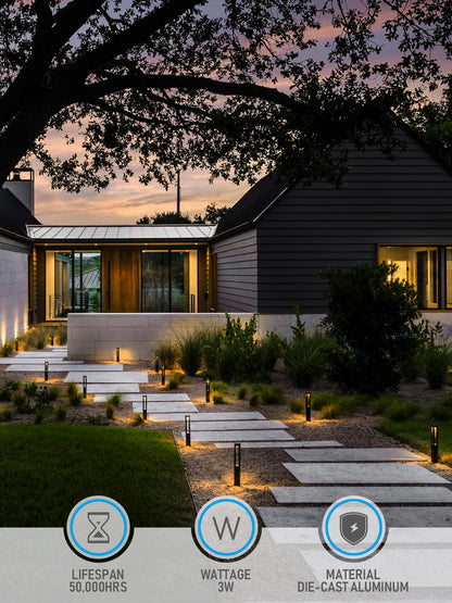 LEONLITE Low Voltage Path Lights, 3W LED Landscape Pathway Lights, Outdoor Landscape Lighting for Driveway, Garden, Aluminum, 12-24V AC/DC, ETL, IP65 Waterproof, 3000K Warm White, Black, Pack of 6