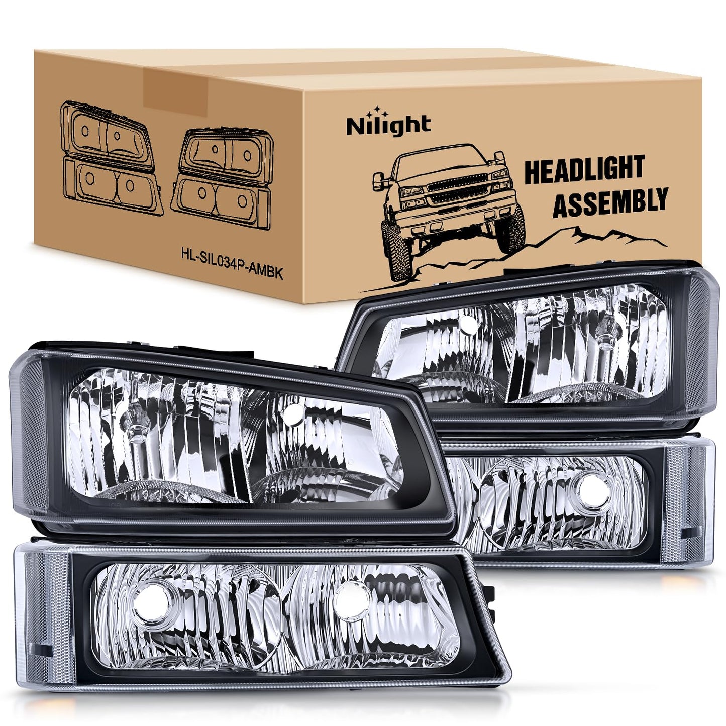 Nilight Headlight Assembly for 2003 2004 2005 2006 Chevy Silverado Avalanche 1500 1500HD 2500 2500HD 3500 Chevrolet Pickup Replacement Headlamp Housing Bumper Lamp Set