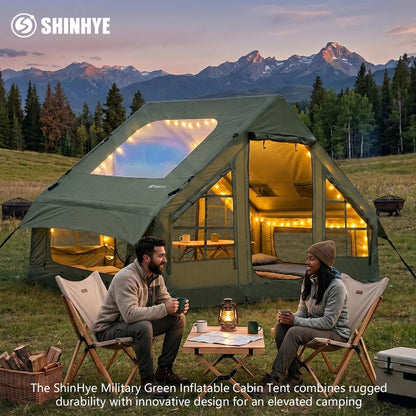 Inflatable Tents for Camping - Blow Up Tent with Stove Jack and Pump, Hot Cabin Tent House Easy Setup 4 Season Waterproof Oxford Glamping Air Tents for Adult 2/3/4 Person