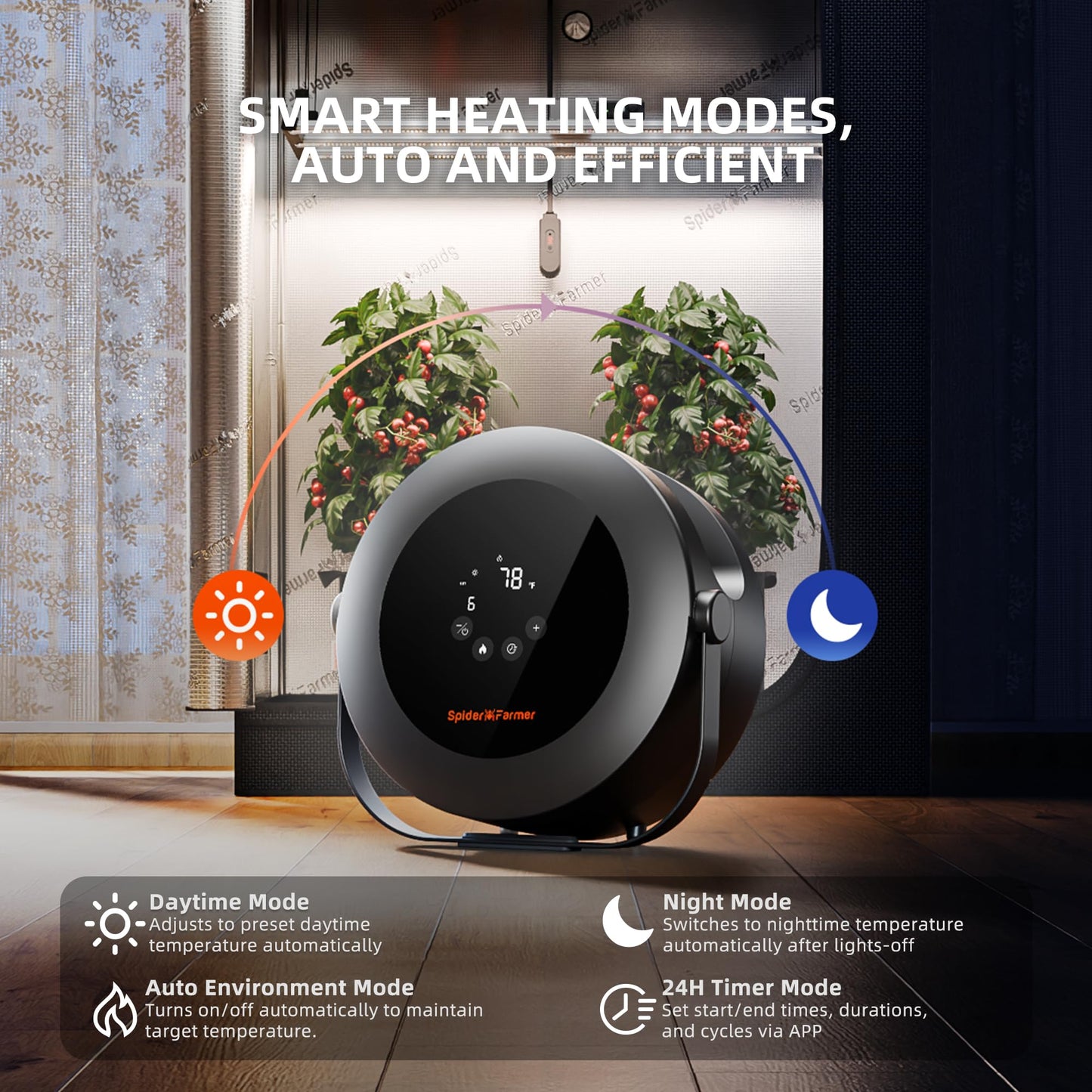 Spider Farmer Grow Tent Heater,530W Portable Heater with Smart Temperature Control,24H Timer,10-Level PTC Heating & Extension Hose for Plant Rooms,Greenhouse, and Grow Tents