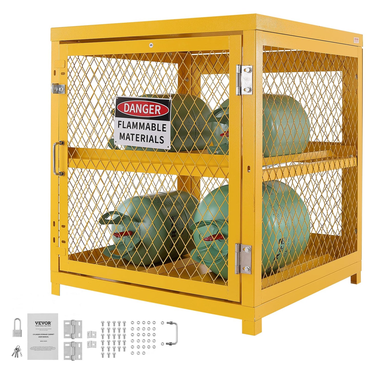 VEVOR Horizontal Cylinder Storage Cabinet, 4 x 33 lbs Cylinder Capacity, 31.02x30.04x35 inch Propane Storage Cage, Gas Cylinder Cabinet, Yellow Powder Coat Finish, for Freon, Gases, Oxygen, Nitrogen