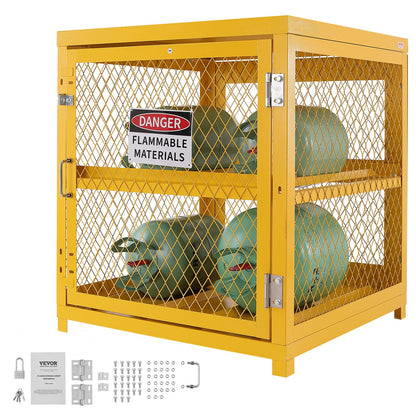 VEVOR Horizontal Cylinder Storage Cabinet, 4 x 33 lbs Cylinder Capacity, 31.02x30.04x35 inch Propane Storage Cage, Gas Cylinder Cabinet, Yellow Powder Coat Finish, for Freon, Gases, Oxygen, Nitrogen