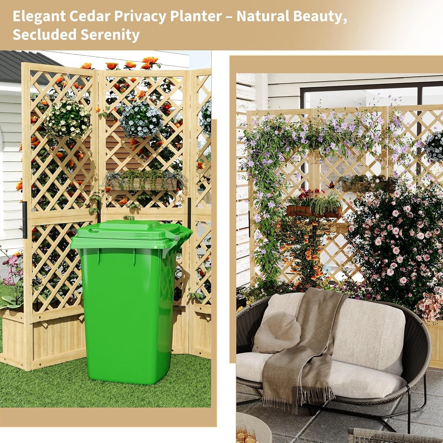 Wooden Planter Box Privacy Screen, Freestanding Cedar Outdoor Privacy Fence with Built-in Planters, Folding Patio Divider Panel with Drainage for Backyard, Balcony, Deck and Garden, Decorative Fences