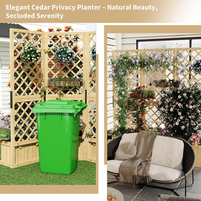 Wooden Planter Box Privacy Screen, Freestanding Cedar Outdoor Privacy Fence with Built-in Planters, Folding Patio Divider Panel with Drainage for Backyard, Balcony, Deck and Garden, Decorative Fences