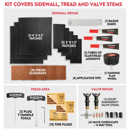 GlueTread Expedition All-Inclusive Off-Road Tire Repair Kit | Repair Any Kind of Tire Damage or Puncture | Includes Sidewall Tire Repair Patches, Plugs, and Colby Emergency Valve Stems